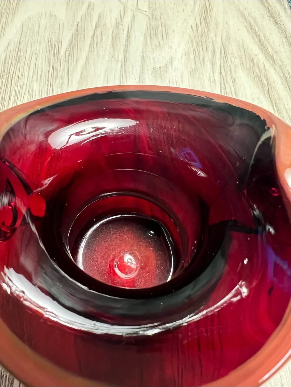 Hand Blown Ruby Red Art Glass Basket Clear Handle Decorative Bowl Vase